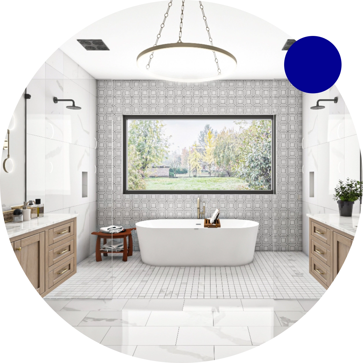 Modern bathroom with a central freestanding tub, large window view of greenery, wood cabinets, and white tiled walls and floor.