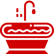 Red icon of a bathtub with water and a faucet.