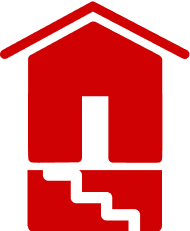 Red icon of a house with stairs, featuring a slanted roof and a vertical dividing line.