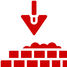 Red graphic of a trowel above a brick wall, symbolizing construction or building work.